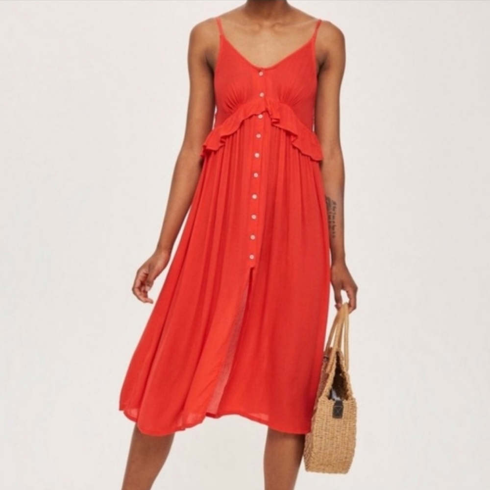 TopShop Button Front Ruffled Peasant Dress Midi Orange sz 8-10